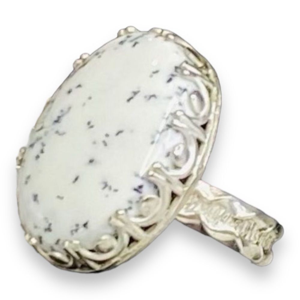 Natural Dendrite Opal White Speckled Sterling Silver Statement Ring Handmade NEW